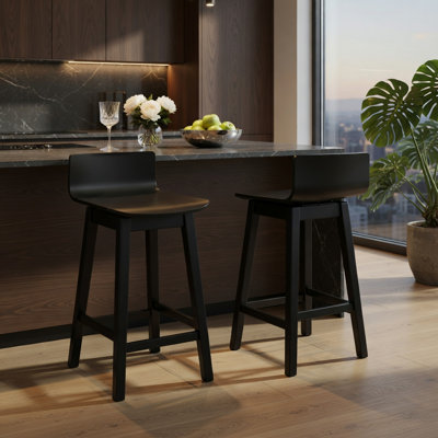  2-Pack 24.5-Inch Swivel Wooden Bar Stools, Low-Back Design with Rubberwood Legs, Adjustable Footpads & Curved Ergonomic Seat, Black