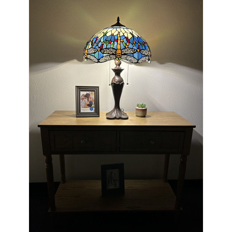Gloriann Tiffany Table Lamp Stained Glass Dragonfly LED bulbs Included Pull Chain Switches 16"W*16"D*24"H, Light Sky Blue