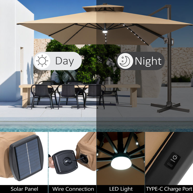 154'' X 116'' Rectangular Outdoor Solar Led Cantilever Patio Umbrella, Counter Weights Included, Tanné