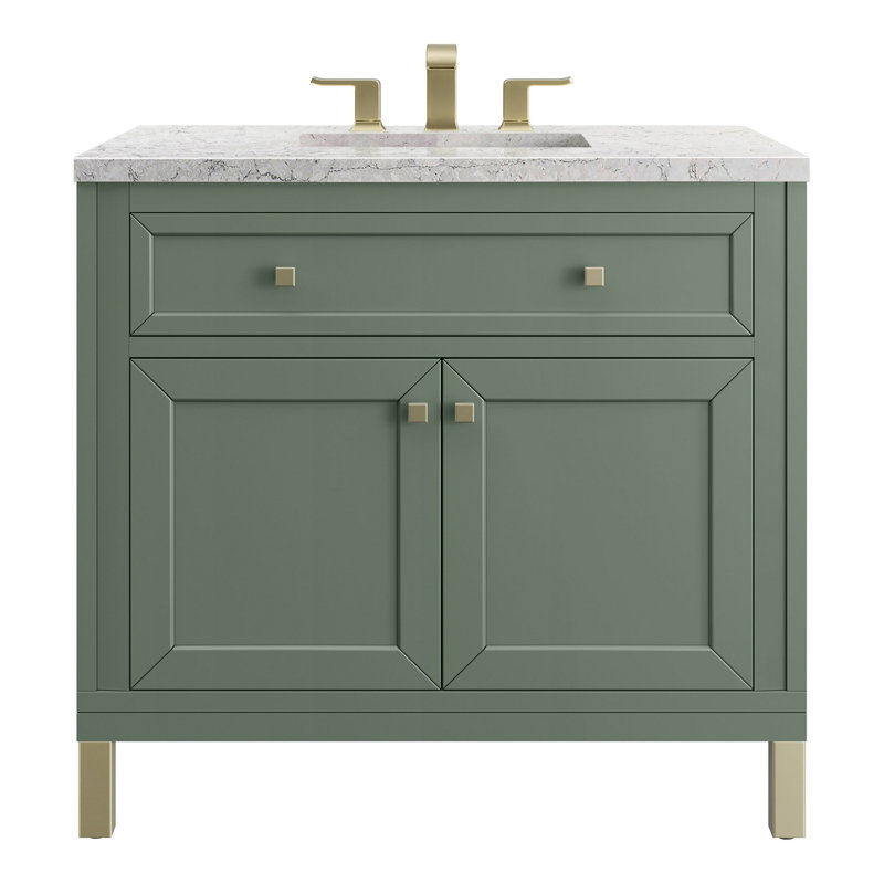 Chicago 36' W Single Vanity, Smokey Celadon, Eternal Jasmine Pearl Quartz, 8" Widespread
