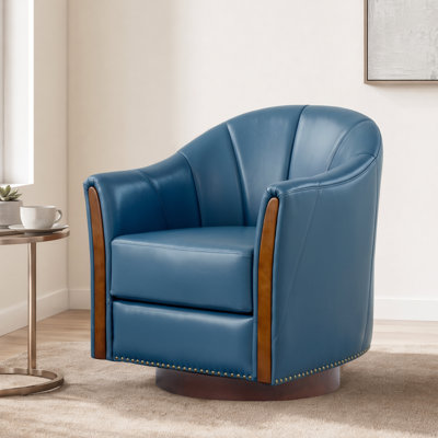 28"W Transitional Vegan Leather Upholstered Swivel Barrel Chair with Solid Wood Base