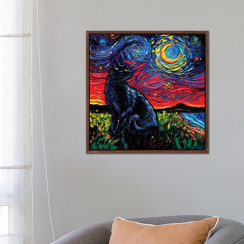 Black Cat Night II by Aja Trier - Painting on Canvas, Classic Brown Wood Framed Canvas, 66.04 cm H x 66.04 cm W
