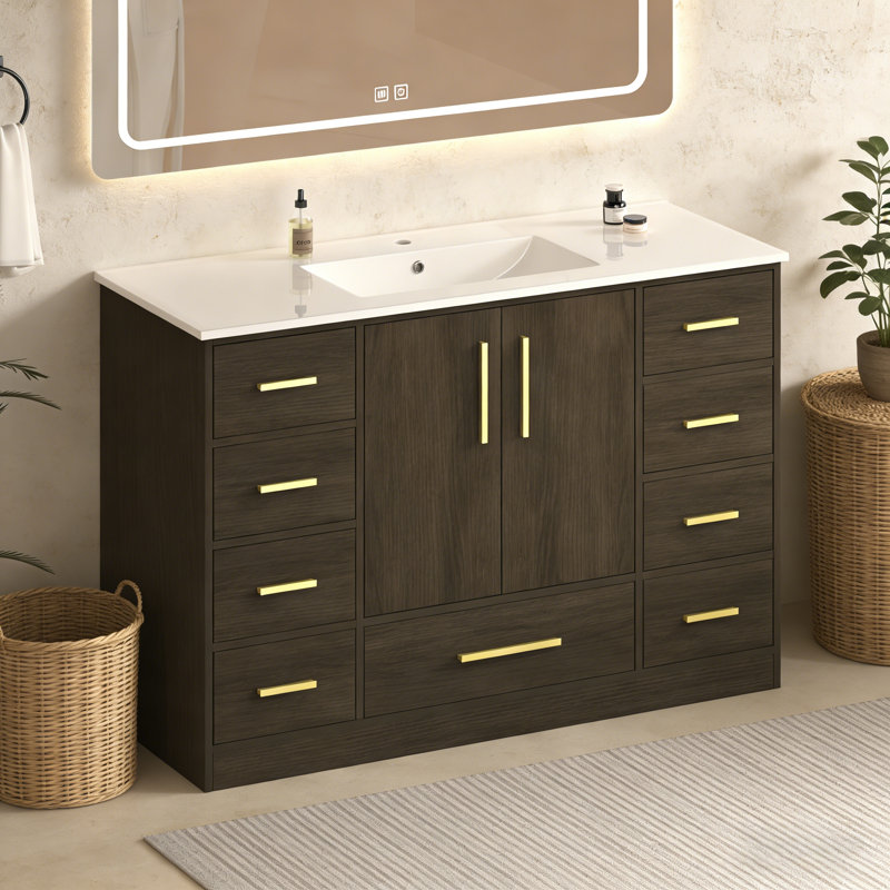 Meuble-lavabo de 48 po brun foncé. Armoire de rangement abondante - 2 portes à fermeture douce et 9 tiroirs