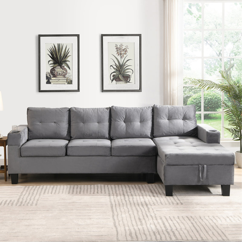 Canapé modulaire en L gris avec méridienne et porte-gobelet de rangement, H 34,35 po x l 95,87 po x P 59,22 po