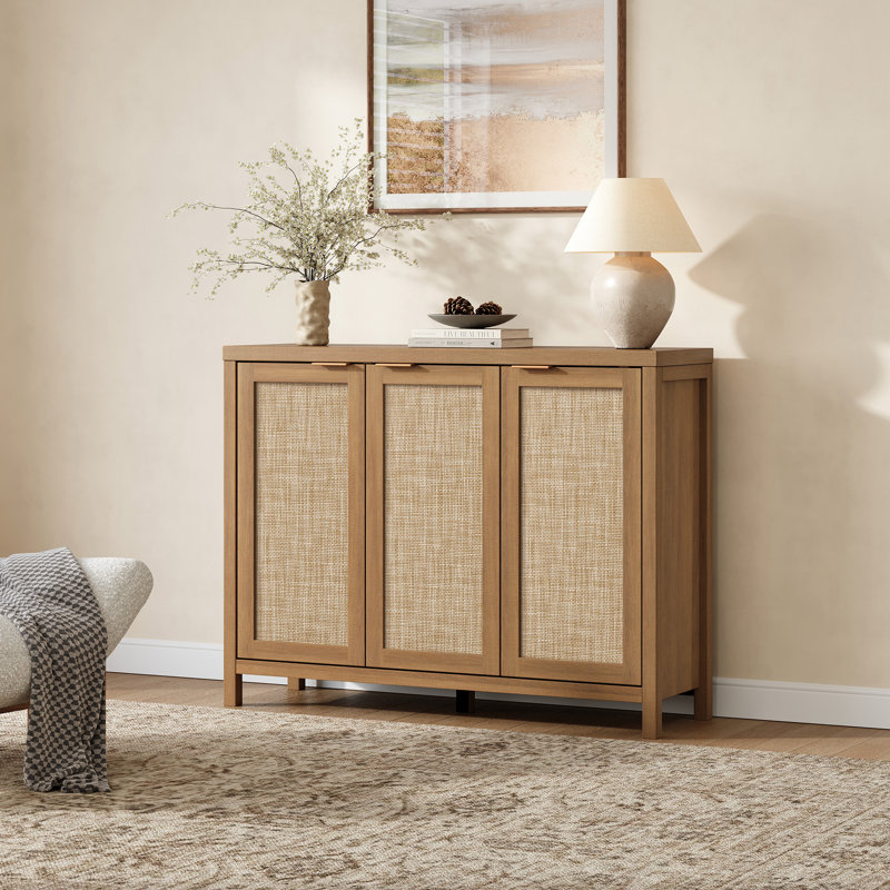 43.5''W 3-Door Rattan Sideboard Buffet Cabinet with Adjustable Shelves, Modern Boho Farmhouse Storage Cabinet Credenza for Kitchen Dining Room Entryway Living Room