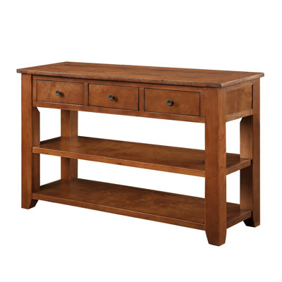 49.44'' Pine Console Table, 3 Drawers, 2 Shelves, American Style, Strong Legs, Multifunctional Space, Brown Solid Entryway Retro Metal Handles, High S