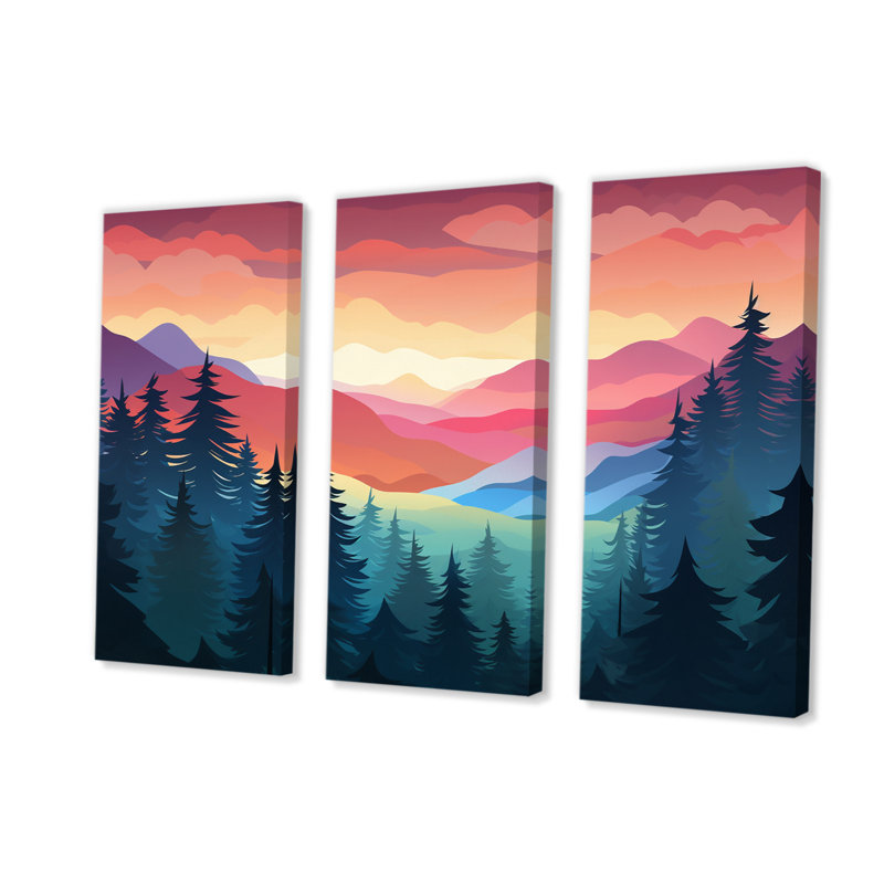 Paysage de montagnes, ensemble d'art mural - Rêves de montagne au coucher du soleil sur les arbres de la forêt