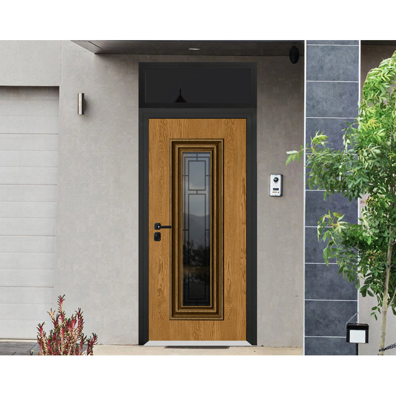 Façade avant en acier pré-suspendu / porte en chêne naturel Ballucio 6644 / fenêtre extérieure supérieure avec panneau latéral / entrée en métal peint moderne l 36 po x H80 + 16 po à droite