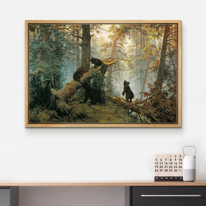 «Black Bears In The Spring Forest», reproduction d'art sur toile, Cadre naturel, H 24 po x l 36 po x P 1,5 po