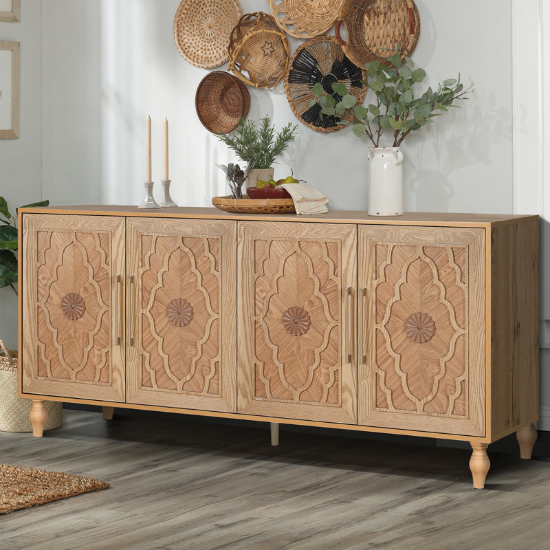 Carved Flower Door Large Storage Cabinet With Metal Handle Suitable for Living Room, Kitchen, Entryway, Natural