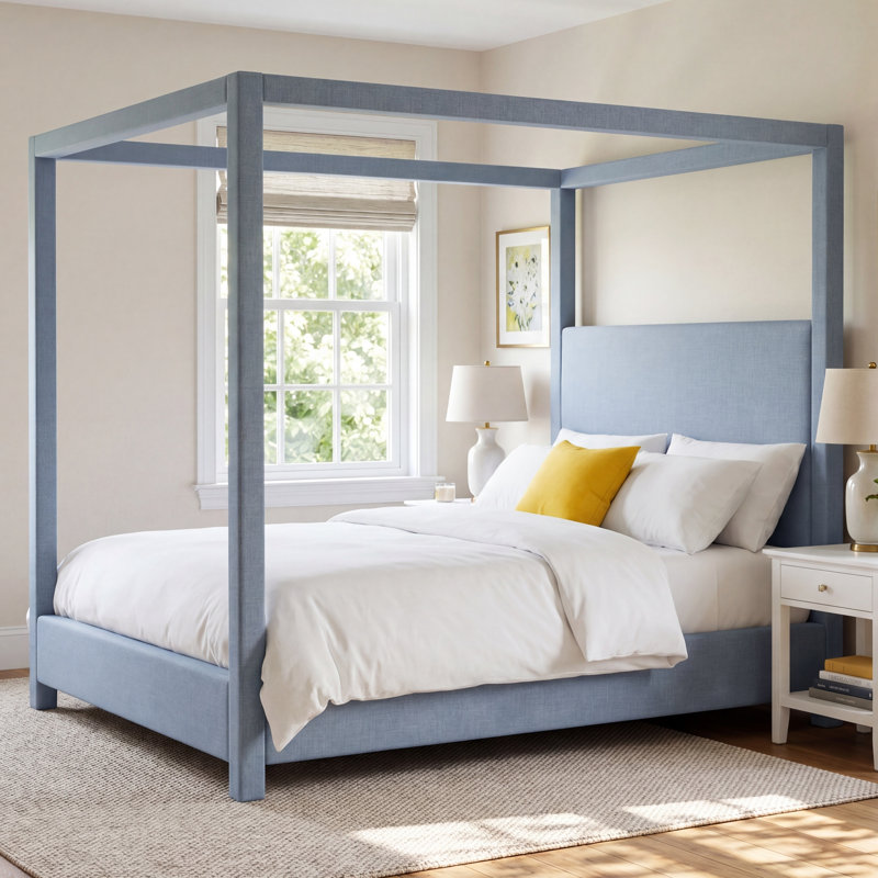 Mistaya Dunwich Solid Wood and Upholstered Platform, King, Sky Blue Linen 