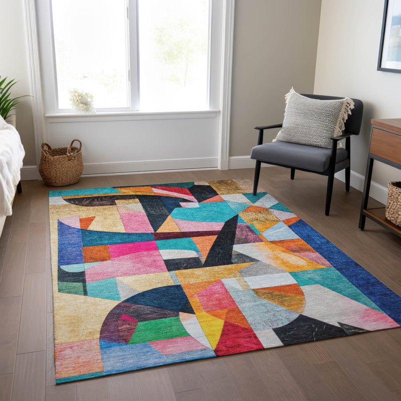 Tapis bleu intérieur / extérieur lavable à la machine Xhevrie, Rectangulaire 3 pi x 5 pi