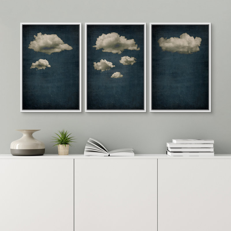 Ensemble de 3 reproductions sur toile flottantes sur fond de nuages abstrait bicolore bleu marine foncé, Blanc