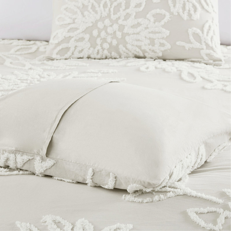 Ensemble d'édredon 3 pièces en chenille de coton capitonné blanc cassé / grand, Édredon grand et 2 taies décoratives