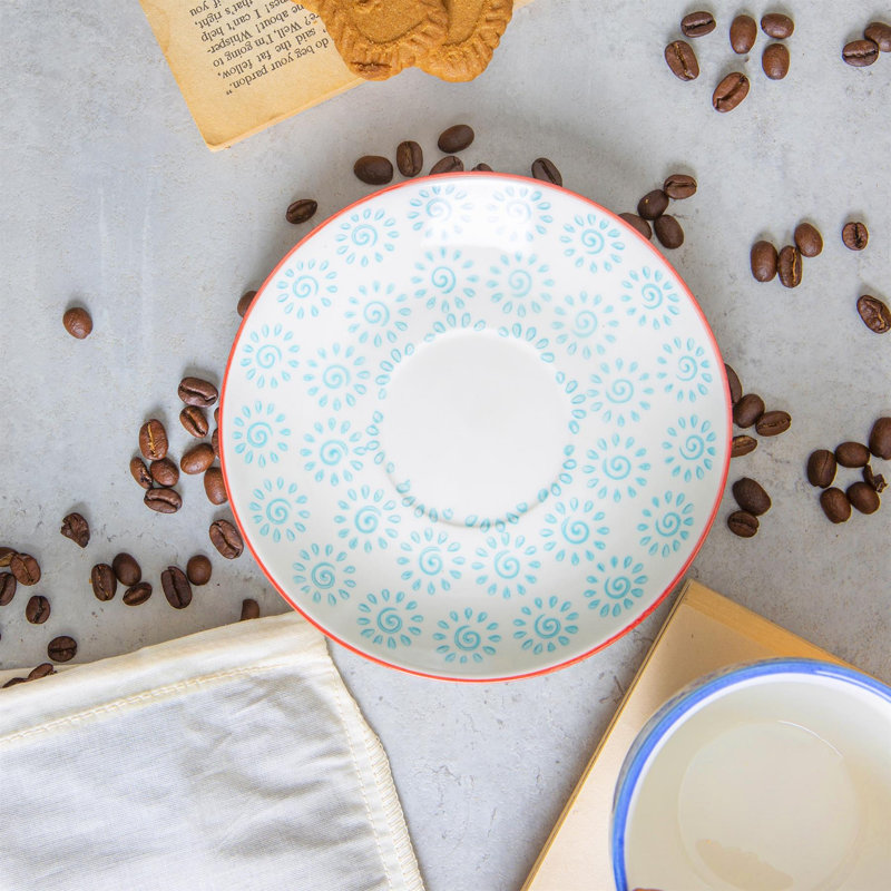 Nicola Spring - Hand-Printed Cappuccino Saucers - 14cm, White/Red/Turquoise