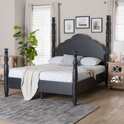 Baxton Studio Martino Four-Poster Platform Bed - Sculpted Post Bed Frame With Panel Headboard, Vintage Spindle Bed, Black, King