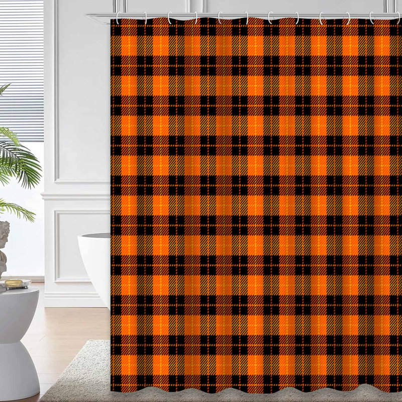 Rideau de douche Halloween à carreaux orange et noir avec 12 crochets, L 72 po x l 72 po