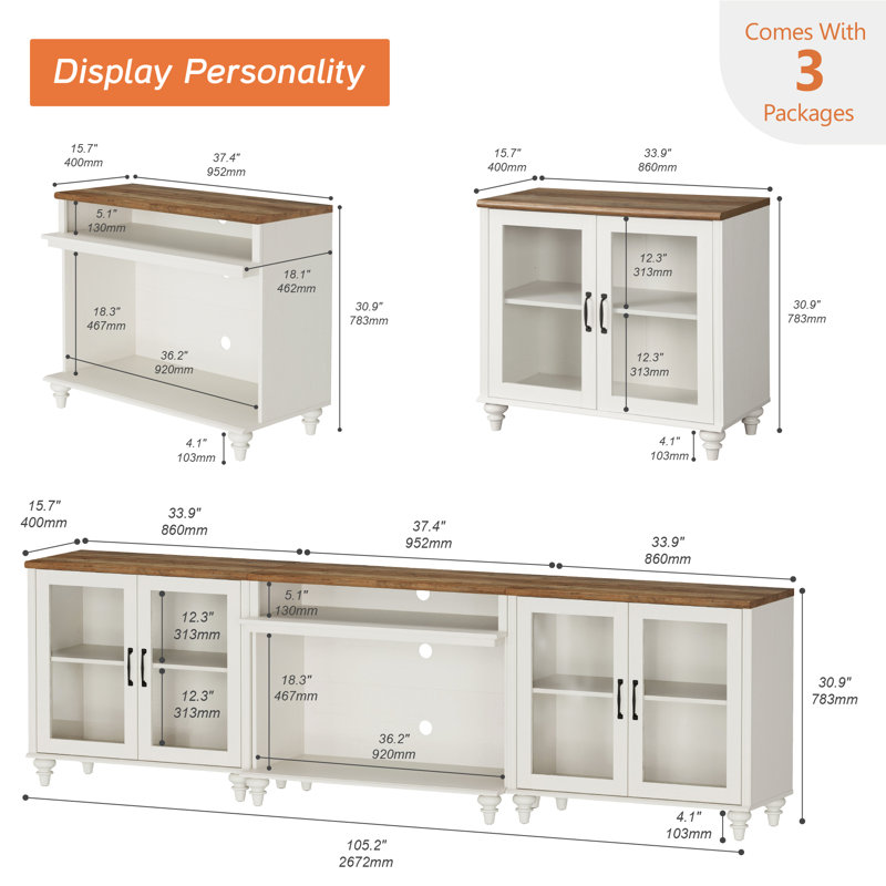 Buffet avec 4 portes en verre et 2 tablettes ouvertes, style grain de bois rétro, armoire avec rangement, blanc, 105 po