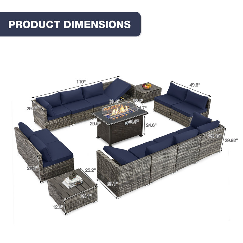 12 - Person Outdoor Wicker Patio Conversation Furniture Set with Fire Pit Table, Navy Blue