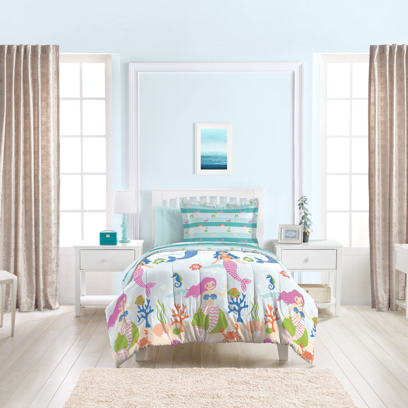 Mermaid Dreams Twin Blue Microfiber Bed in a Bag Set