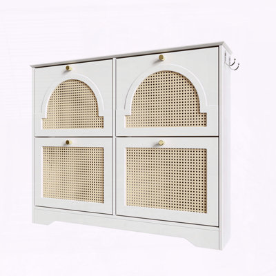 Mid-Century Narrow Shoe Cabinet with 4 Rattan Flip Drawers, White