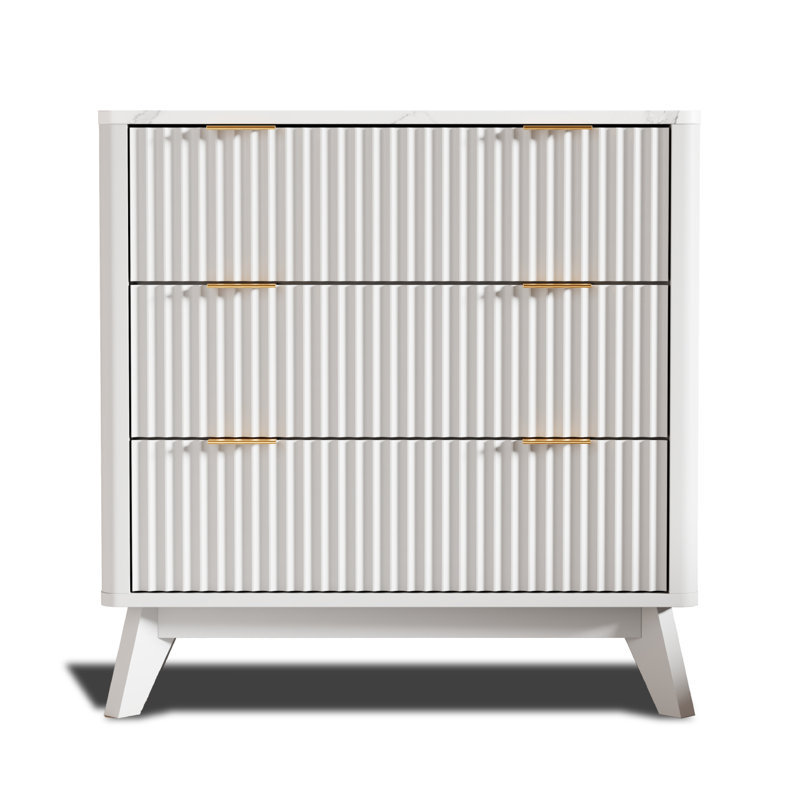32" High Faux Marble Side Table with 3 Drawers & Fluted Design, White