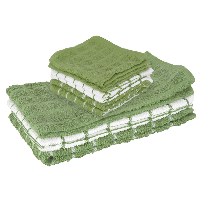 Green and White Cotton Terry Kitchen Towel and Dish Cloth Set, 9-Piece