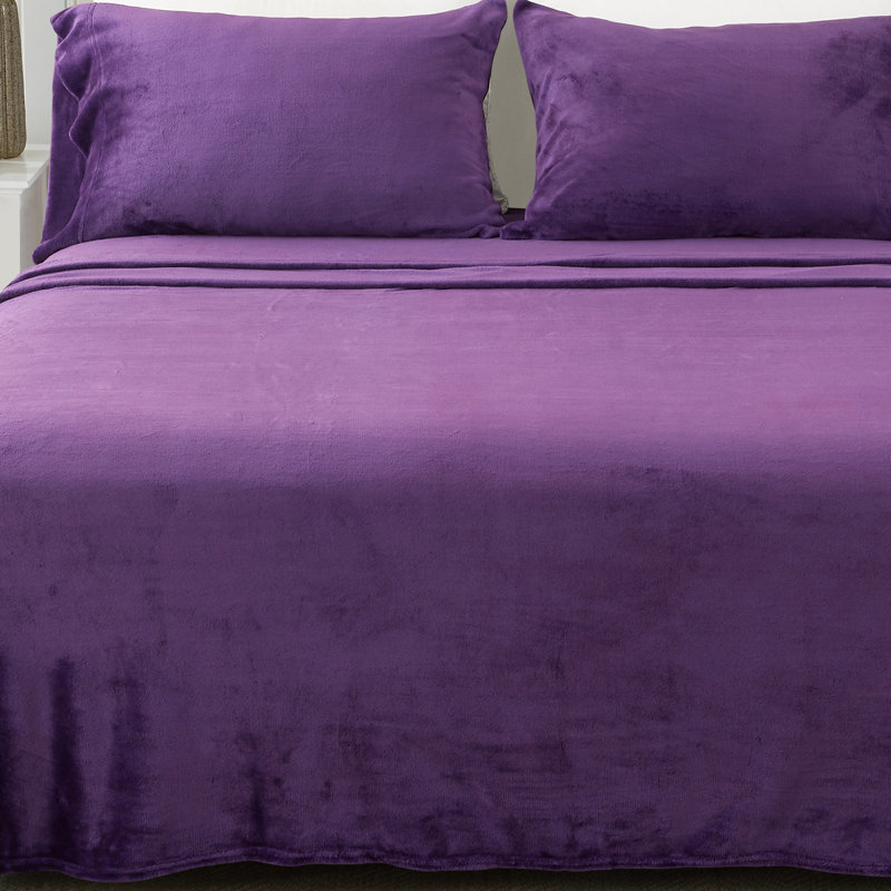 Ultra Soft Micro Plush Velvet Printed Sheet Sets, Queen Sheet Set + Fitted Sheet + 2 Pillowcases, Solid Color, Purple