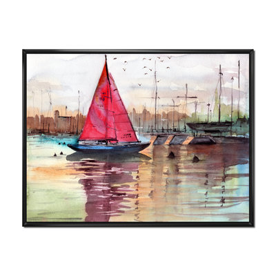 Un voilier dans une marina avec des bateaux et des bâtiments - reproduction sur toile