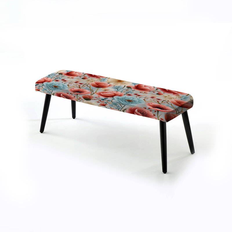 Motif d'hortensias beige et corail - Banc rembourré floral noir