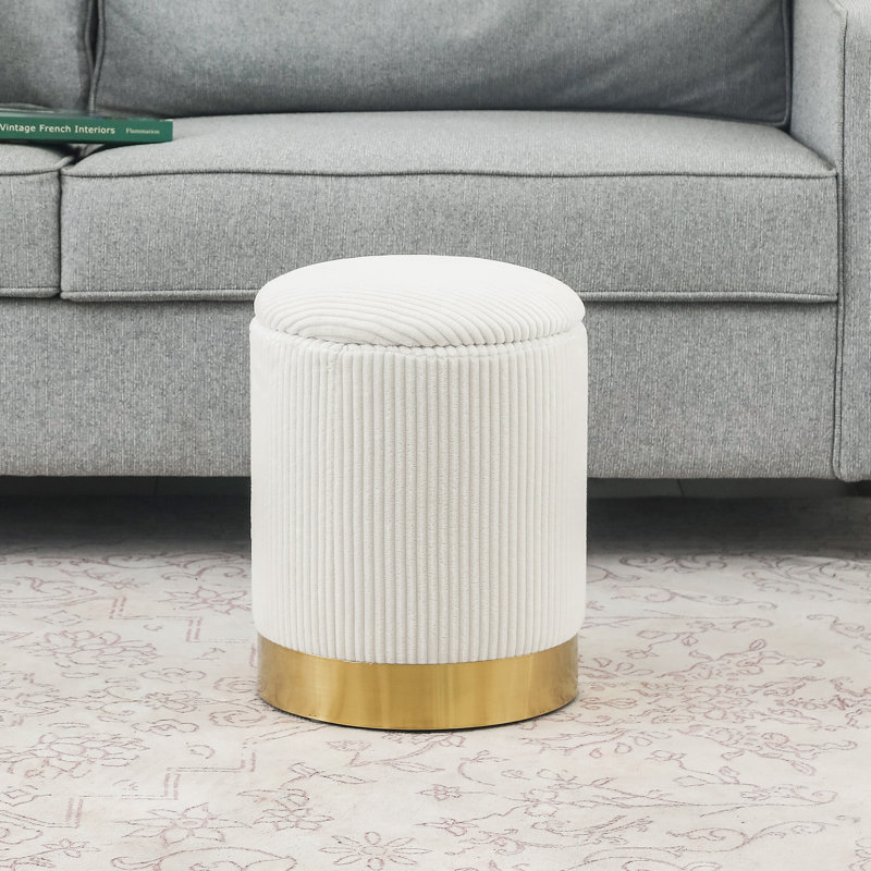 Tabouret de rangement rond, Or, Velours côtelé crème