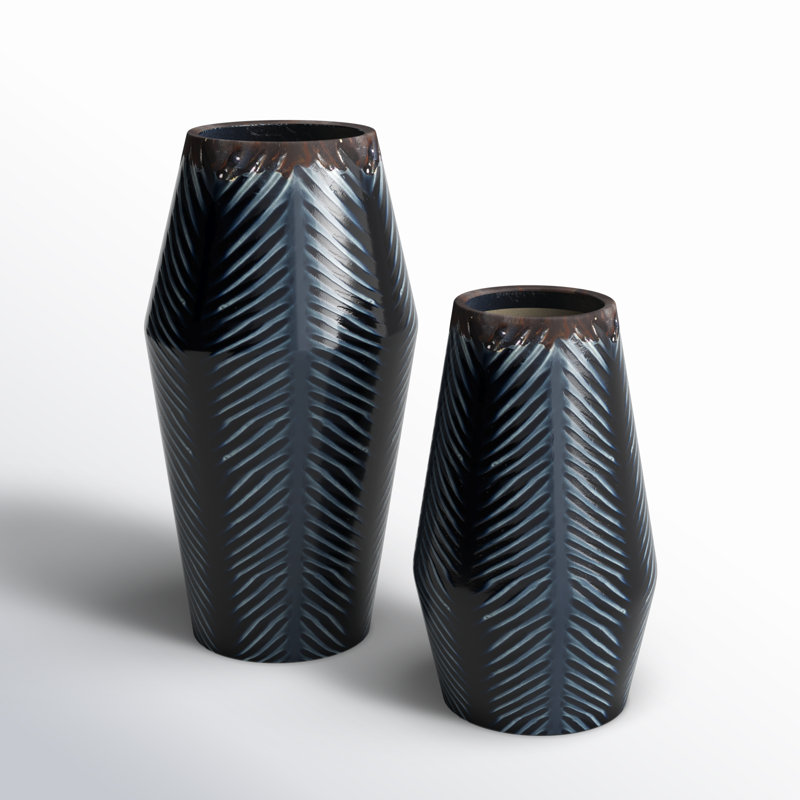 Dark Blue Chevron Ceramic Table Vase Set, 2-Piece