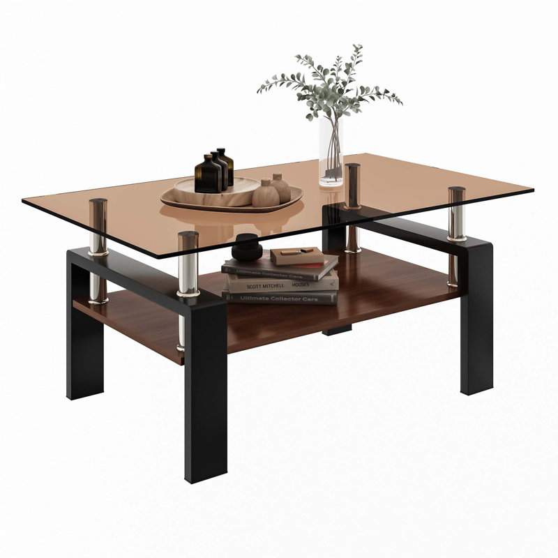 Tempered Glass Tabletop Rectangle Coffee Table, Brown