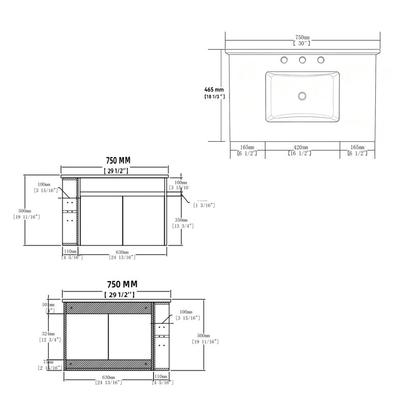 Meuble-lavabo suspendu de 76 cm (30 po) avec lavabo en céramique, comptoir et dosseret en marbre reconstitué, portes à fermeture amortie, tablette de rangement latérale ouverte, armoire en contreplaqué, gris