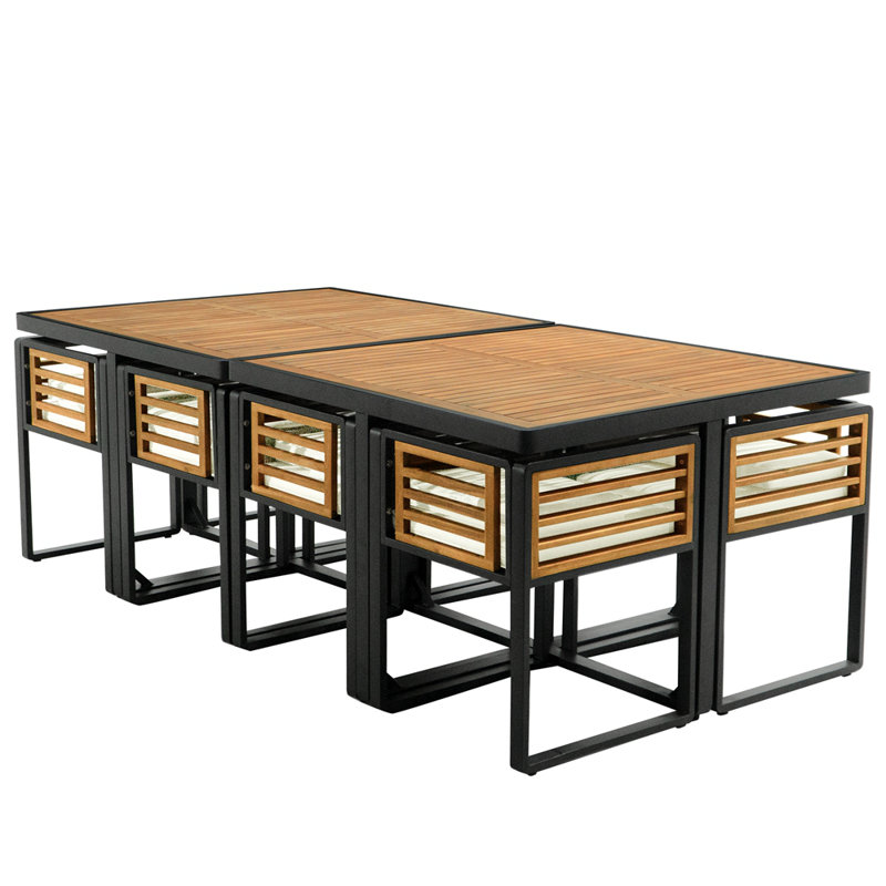 Ensemble de salle à manger en bois d'acacia 18 pièces, ensemble de patio extérieur peu encombrant, 8 chaises rembourrées, 8 repose-pieds et 2 tables carrées pour la cour, le jardin, la terrasse et la piscine