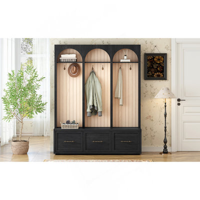 Farmhouse Wooden Style Hall Tree With Arched Design, Elegant Entryway Bench With Retro Hooks, Rustic Coat Rack & Shoe Organizer With Drawers For Mudroom, Living Room, Black