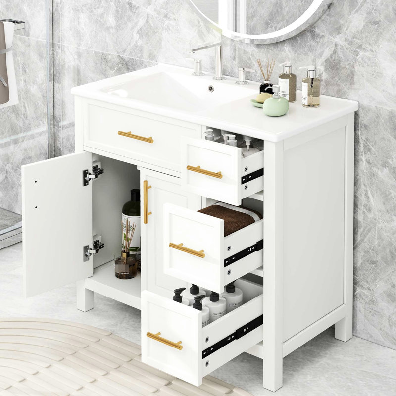 Meuble-lavabo de salle de bain 36 po, bois massif et planches, blanc, 2 portes, 3 tiroirs, armoire d'évier 36 po avec finition blanche, deux portes et trois carreaux de céramique à gauche