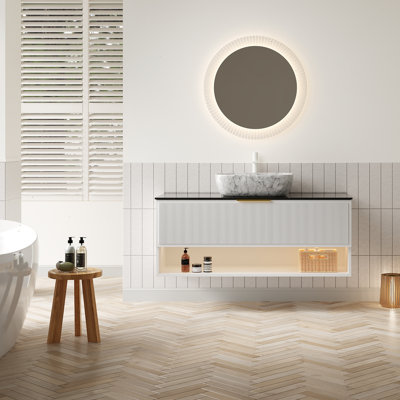 Meuble-lavabo 48 po avec lavabo, armoire de rangement en contreplaqué flottant, 2 tiroirs et tablette à rayures fines, capteur de lumière, vasque en céramique à motif marbré et plateau en pierre frittée noire, pré-assemblé, blanc