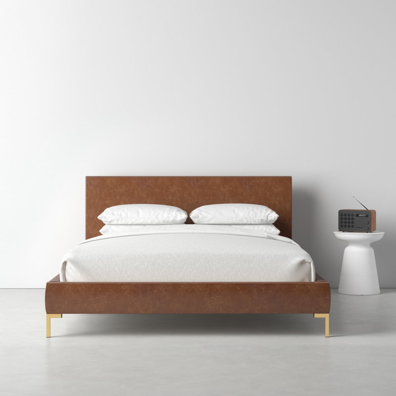 Rand Upholstered Platform Bed, Distressed Saddle Brown Performance Faux Leather, Full, Black Wood