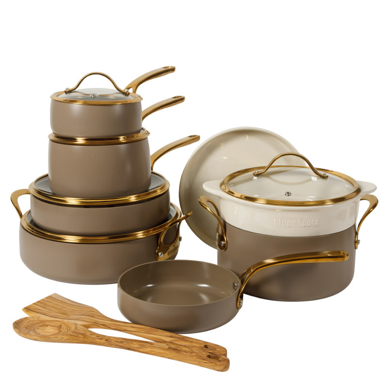 Bouilloire en céramique antiadhésive en aluminium de qualité supérieure antiadhésive sans PFA avec couvercle - crème cappuccino avec poignée dorée Bloomhouse