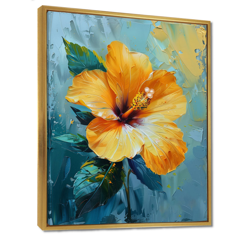 Décoration murale vibrante «Hibiscus» bleu et jaune - Hibiscus, Cadre flottant doré, H 16 po x l 32 po