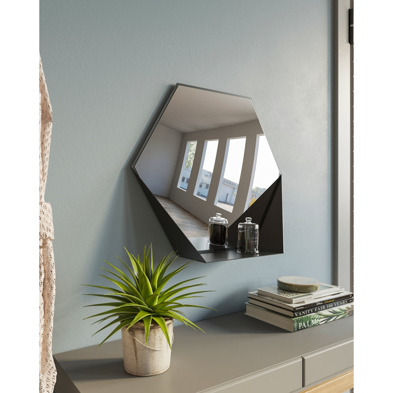 Metal Flat Wall Mirror with Shelves, Black