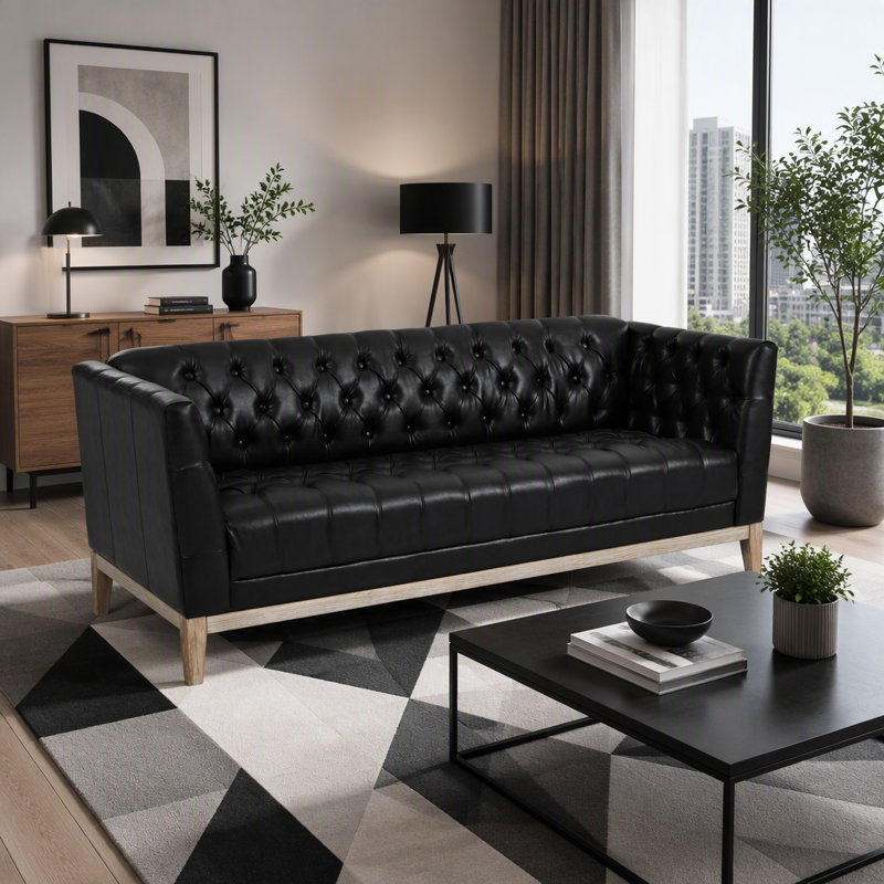 Canapé Chesterfield 79,1 po Mid-Century, Black Faux Leather