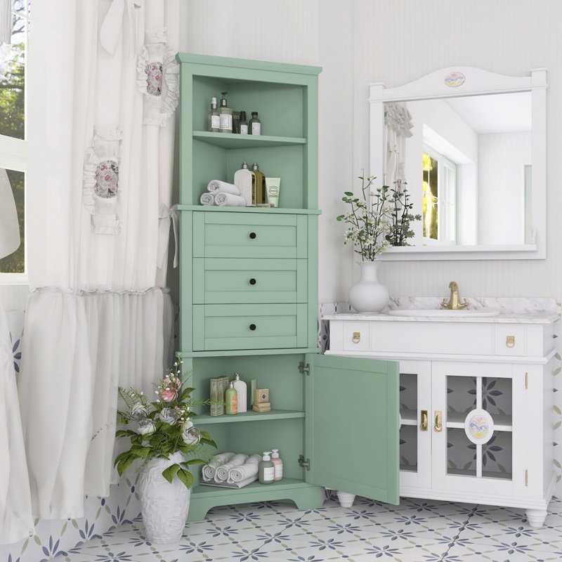 Armoire haute triangulaire à 3 tiroirs avec tablettes réglables pour la maison, Vert