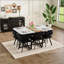 Ensemble de table de salle à manger 7 pièces rectangulaire avec plateau fixe en faux marbre blanc et grain de bois et 6 chaises en velours noir pour les petits espaces et les cuisines modernes-129892186