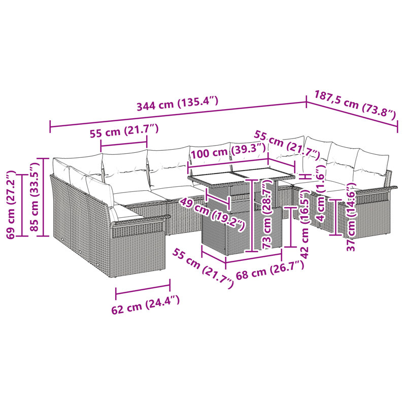 344cm Wide Patio Sofa with Cushions