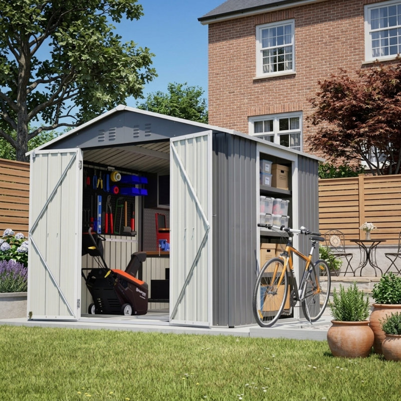 Remise de rangement extérieure grise en métal gris, portes doubles verrouillables et porte latérale, grande remise à outils ventilée et résistante aux intempéries pour patio