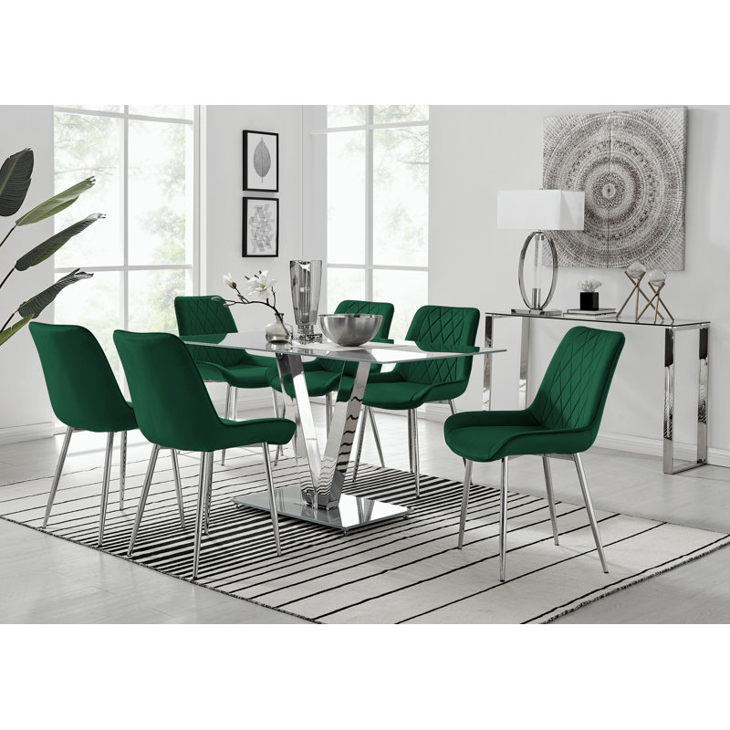 Ransart Modern Luxury Glass & Metal Dining Table Set With 6 Luxury Velvet Dining Chairs, Green/Silver