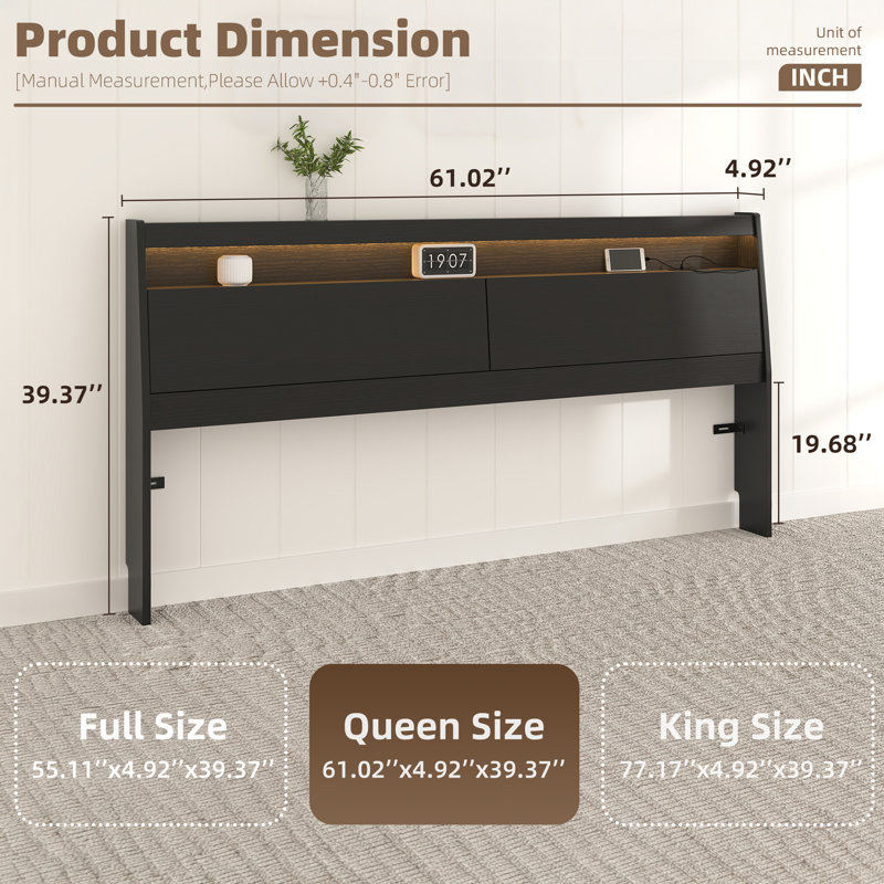 Grande tête de lit noire avec lumières DEL, station de charge et tablette de rangement, tête de lit en bois avec compartiment caché et prises USB / CA, tête de lit moderne à DEL RVB pour chambre à coucher