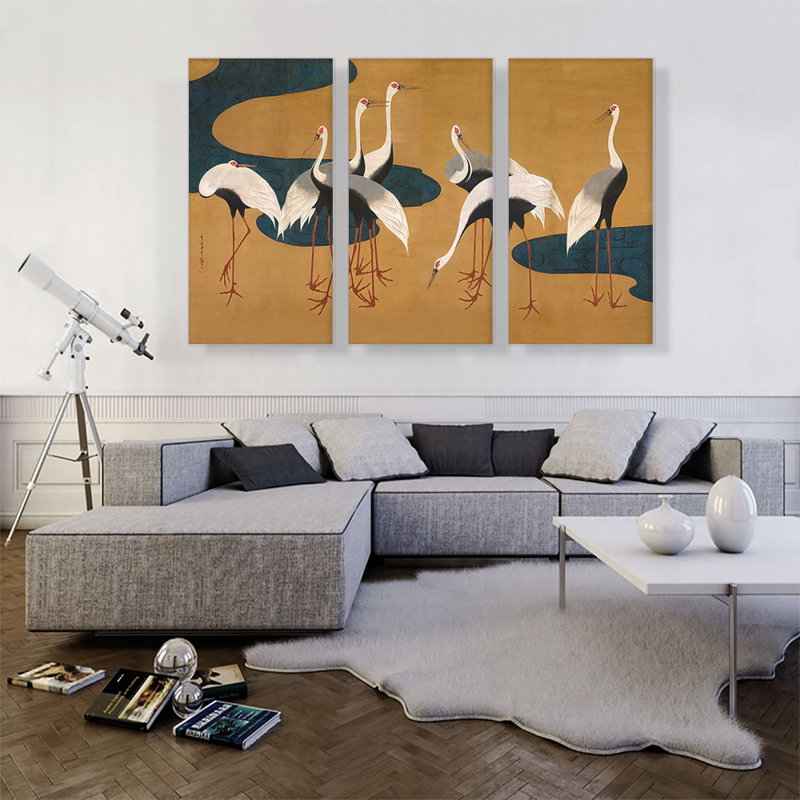 «Cranes» par «suiveur de Sakai Ho s'il-vous-plaît» par Sakai Hoifi - ensemble de 3 reproductions d'art sur toiles tendues